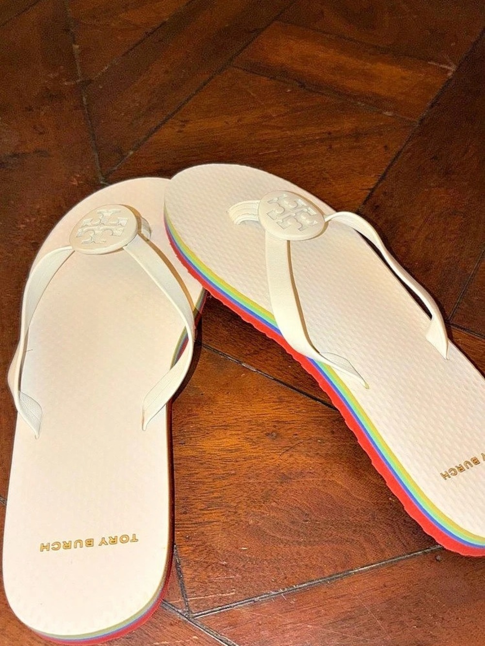 Tory Burch Miller Jelly Flip Flop Sandals Cream & Red rainbow